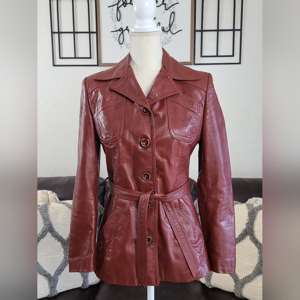 Vintage Rare 1970's Gassy Jack By Gabriel Levy Red Belted Leather Jacket Retro
